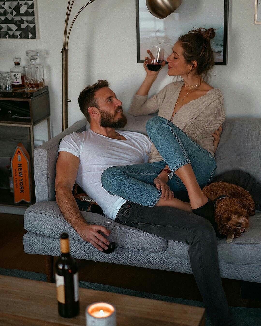 Couple sharing a relaxed date night at home