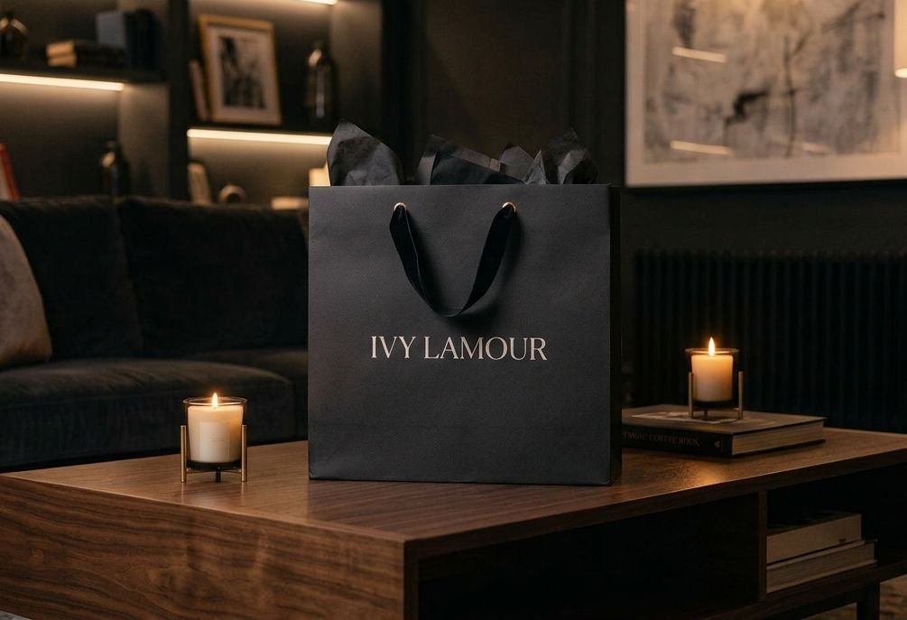 Ivy Lamour signature black gift bag on a coffee table